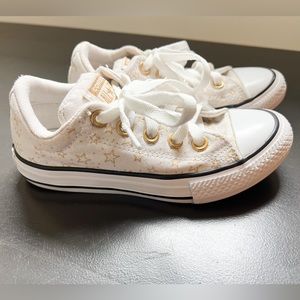Converse kids size 13. White with gold star print, new laces